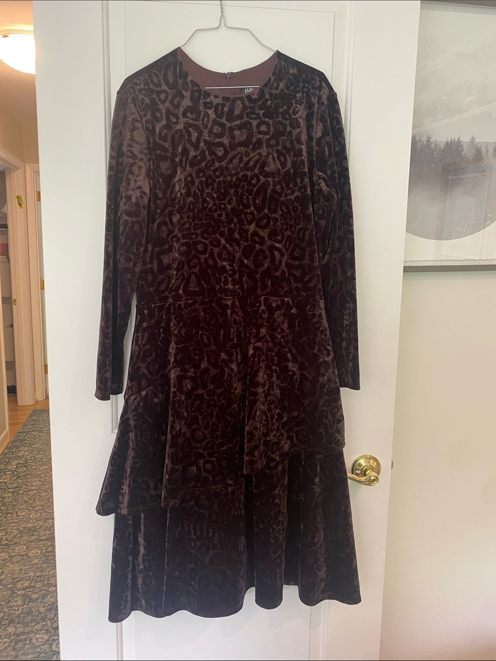 Long Sleeve Brown Velvet Leopard Tiered Dress